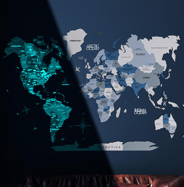 3D Luminous/Magnetic Farebná Drevená Mapa Sveta Aqua