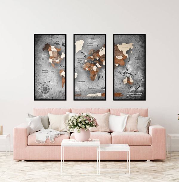 3D Drevená Mapa Sveta Triptych Multicolor